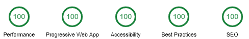(100) Performance, (100) Progressive Web App, (100) Accessibility, (100) Best Practices, (100) SEO